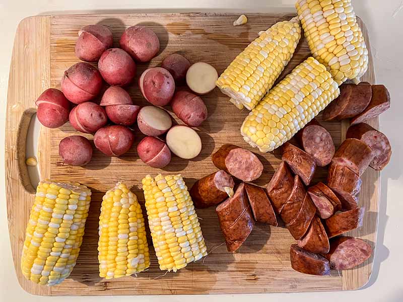 Potatoes, Andouille sausage, and Corn