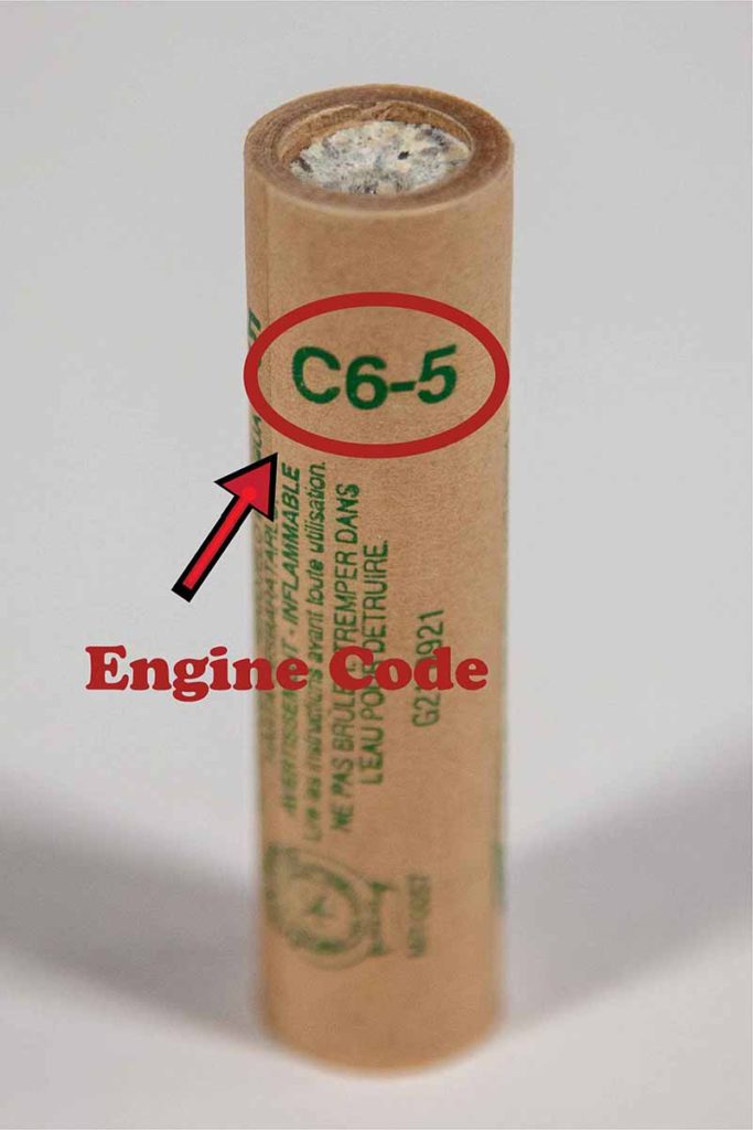 Image of a model rocket engine with a circle around the engine code