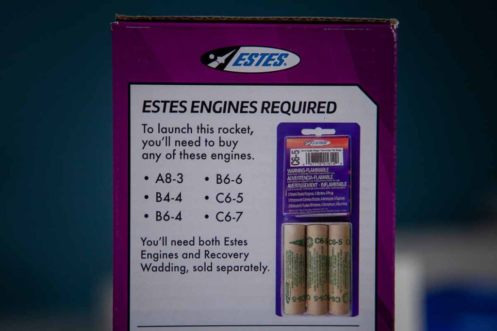 Image of the manufacturer's recommendations for model rocket engines