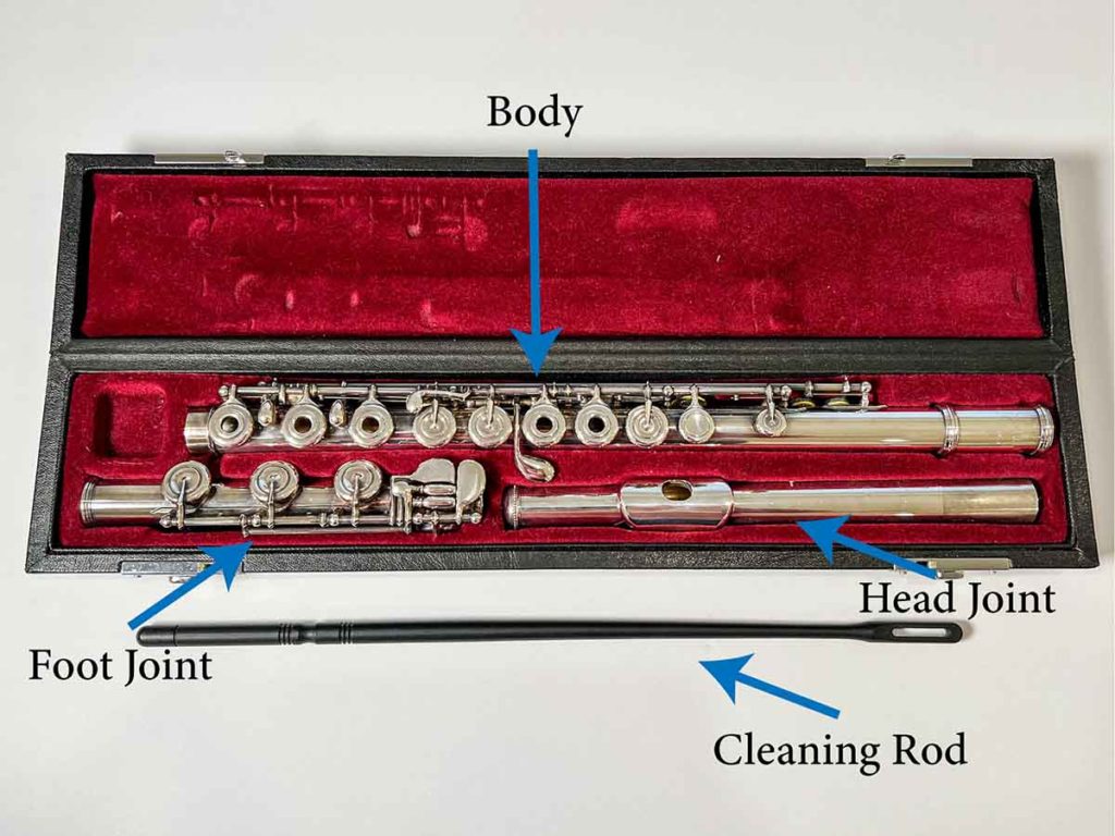 Photo of a flute in a case with arrows identifying the different parts